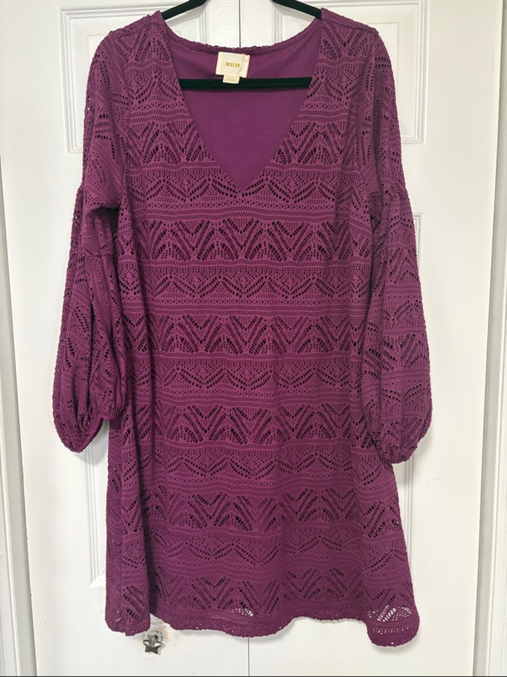 Maeve Plum Crochet V-Neck Long Sleeve Dress